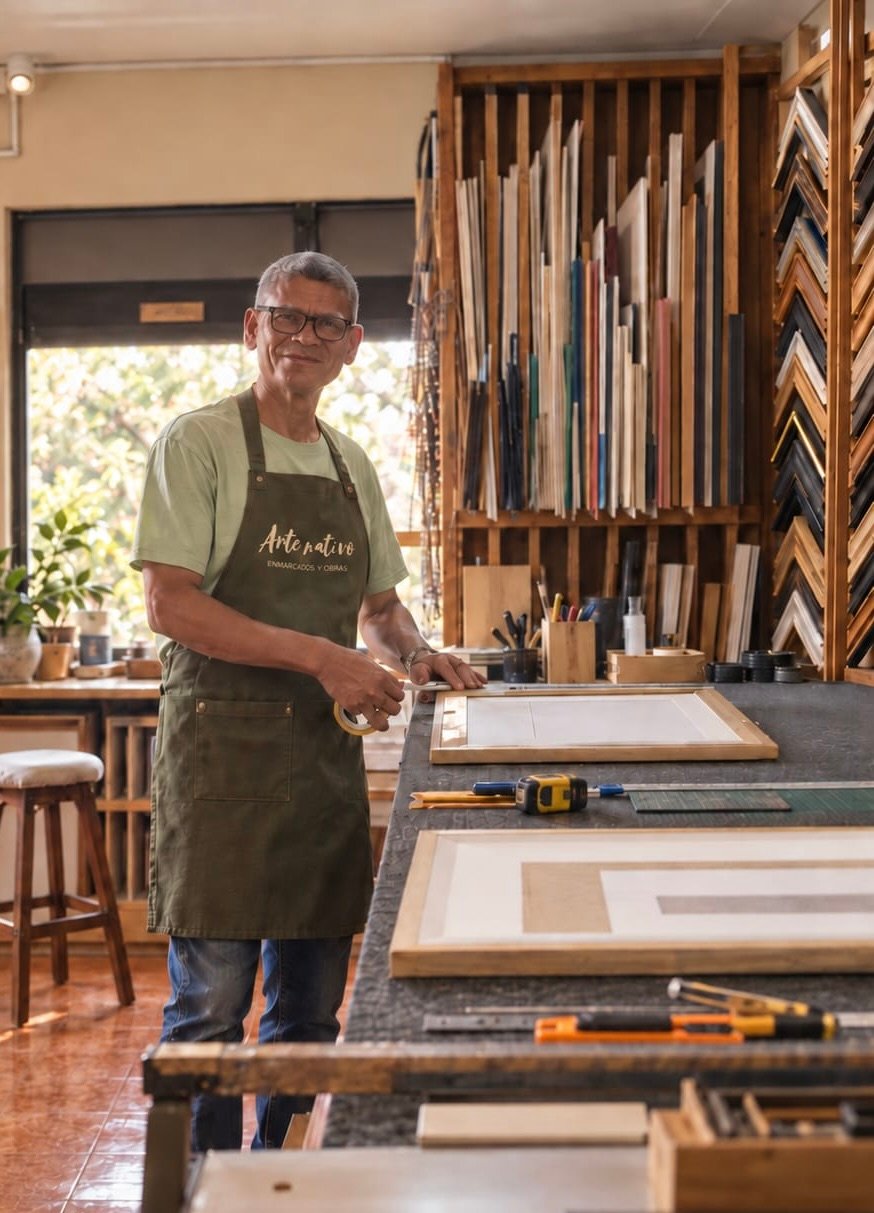Arismendy trabajando un enmarcado en el taller de Arte Nativo