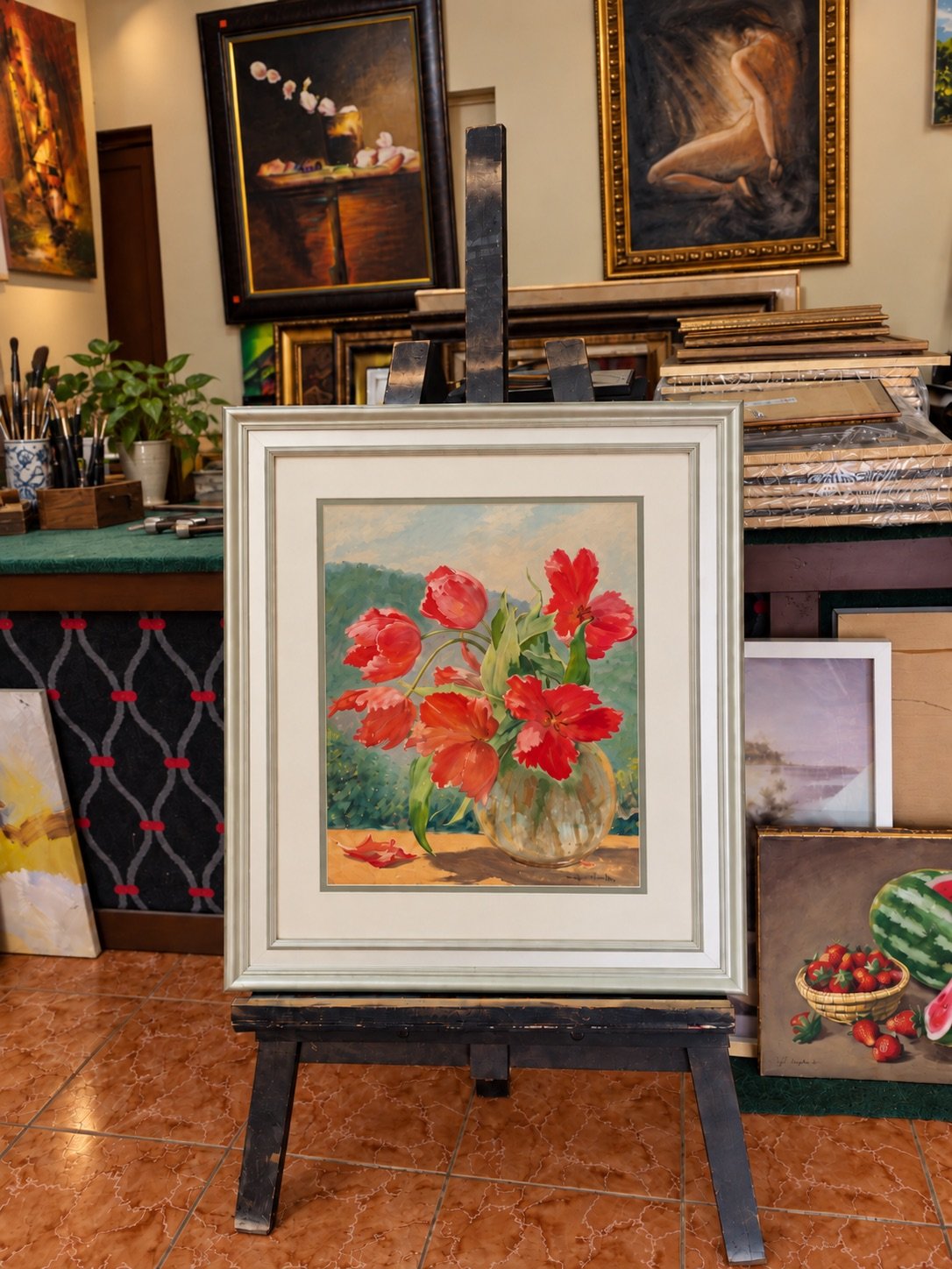Obra floral enmarcada sobre un caballete en el taller